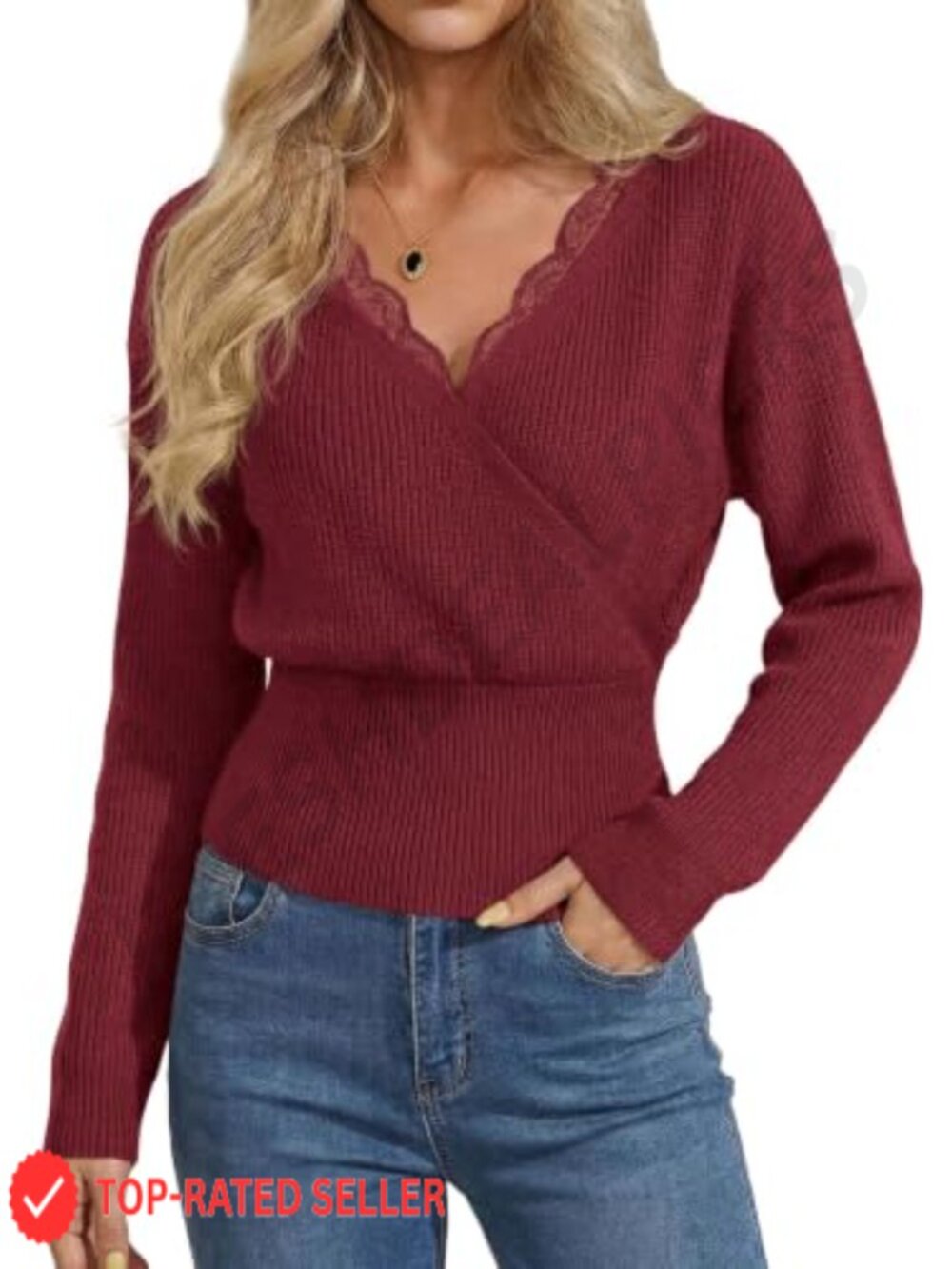 Lace Trim V-Neck Wrap Sweater Cropped Ribbed Knit Pullover
